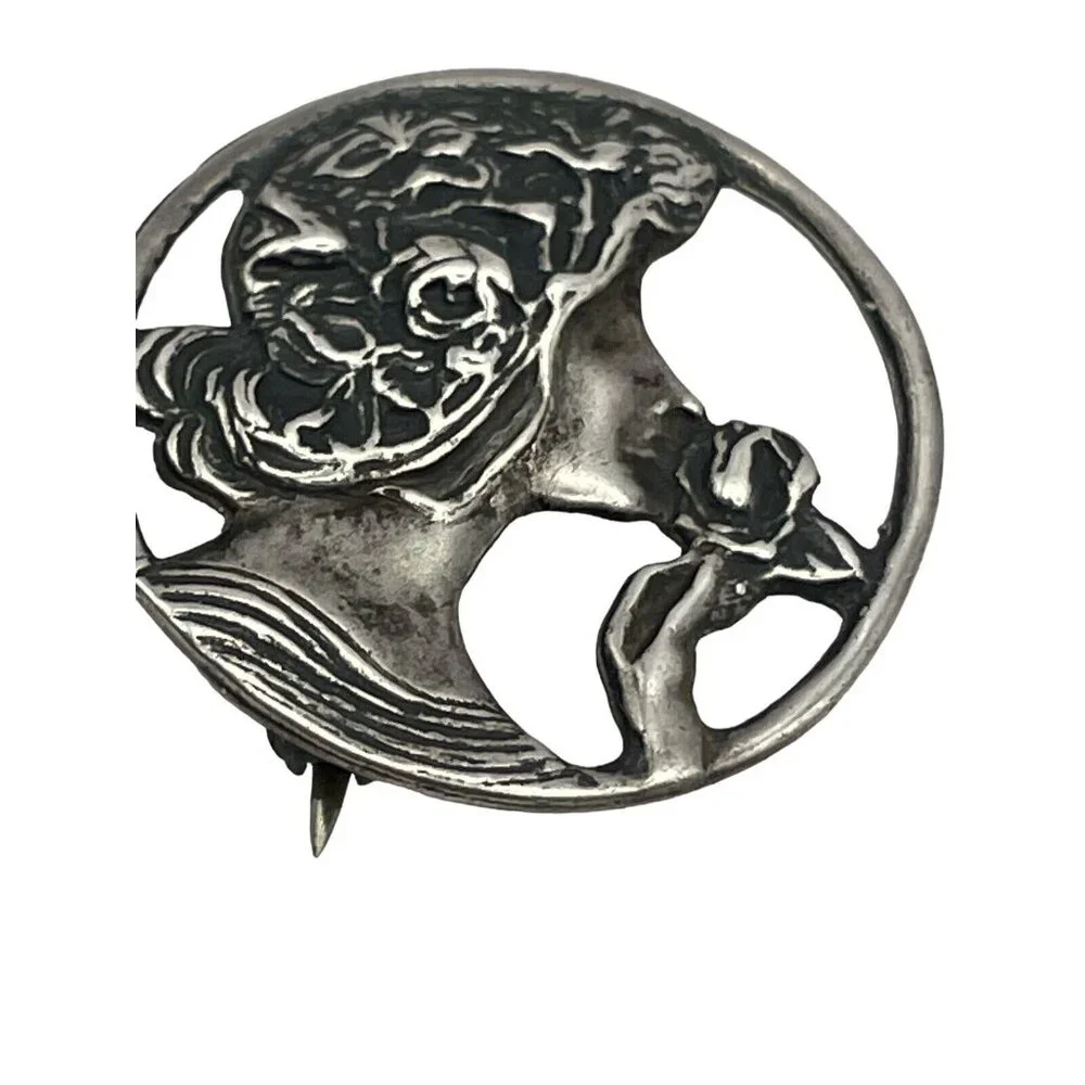 VTG Art Deco‎ Nouveau Style Goddess Women Flower 925 Silver Brooch Pendant READ